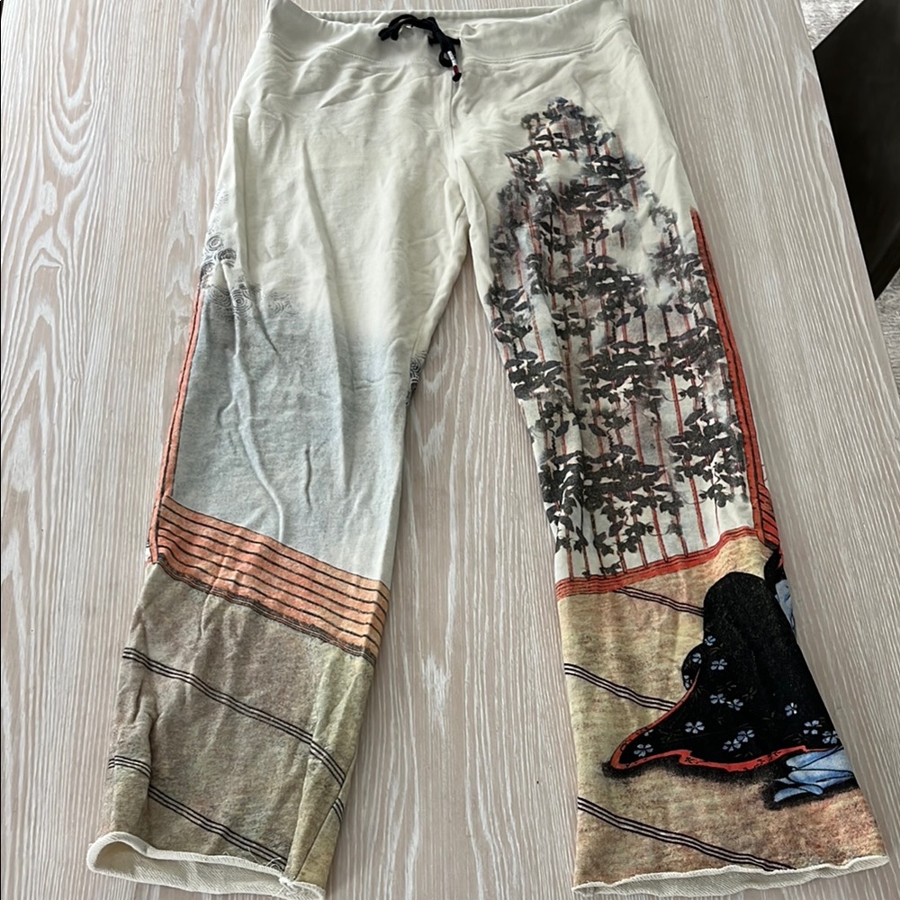 Paparazzi by Biz cream multi Japanese print drawstring sweatpants sz S small